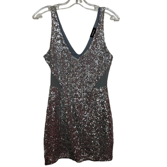 Bebe Silver Sequin Bodycon Sleeveless Mini Dress with Mesh Cutouts - Picture 4 of 14